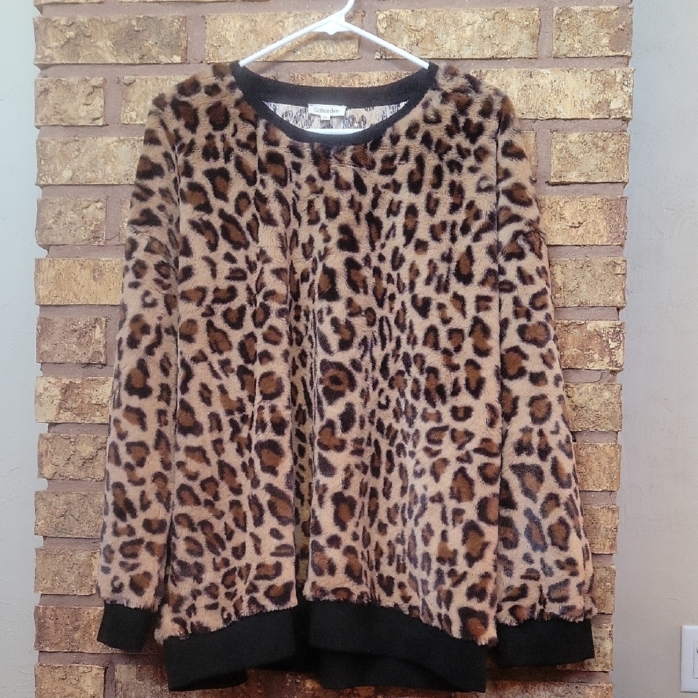 Cotton Bleu Leopard Print Crew Neck Cozy Sweater Size XL